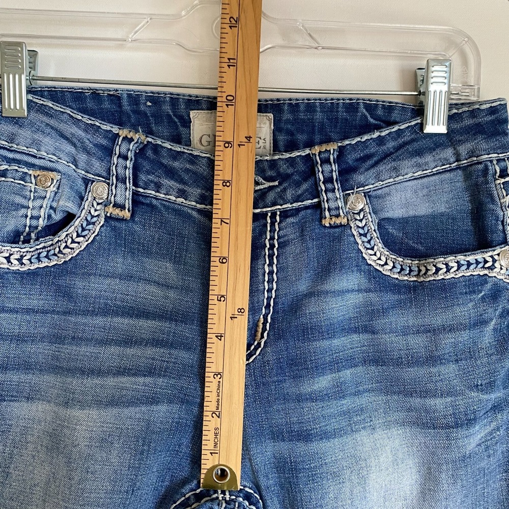 Flare Y2K Jeans Women Size 28 Blue Thick Stitch Low Rise Embroidered - Picture 7 of 13